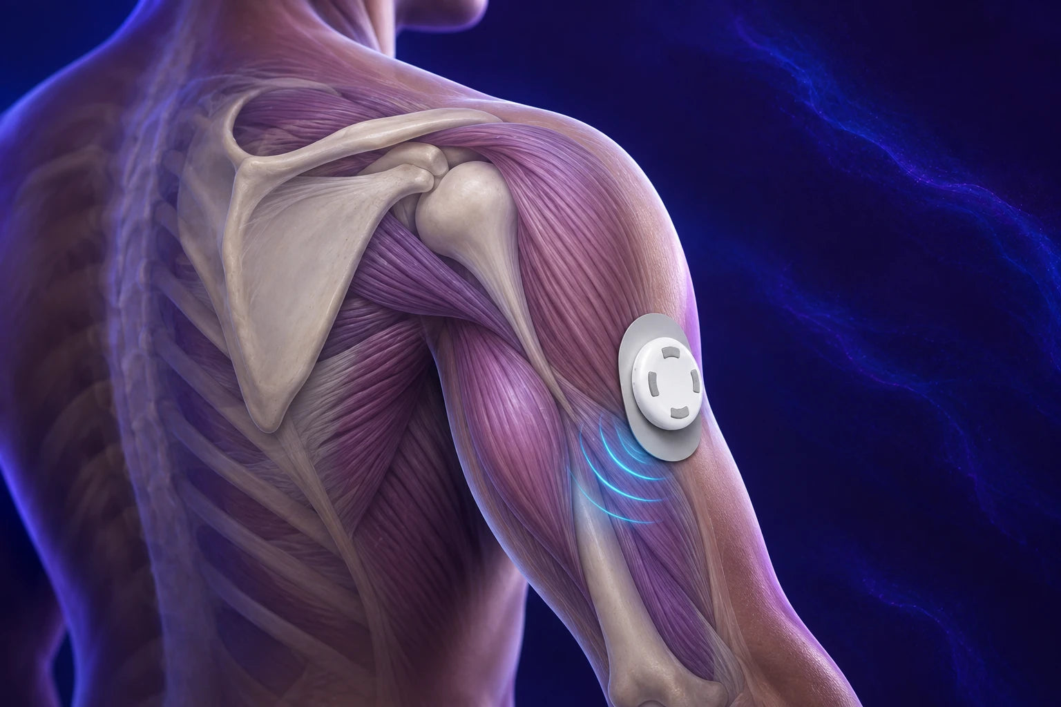 Conceptual illustration of upper-arm bones, muscles and localized pulse signals