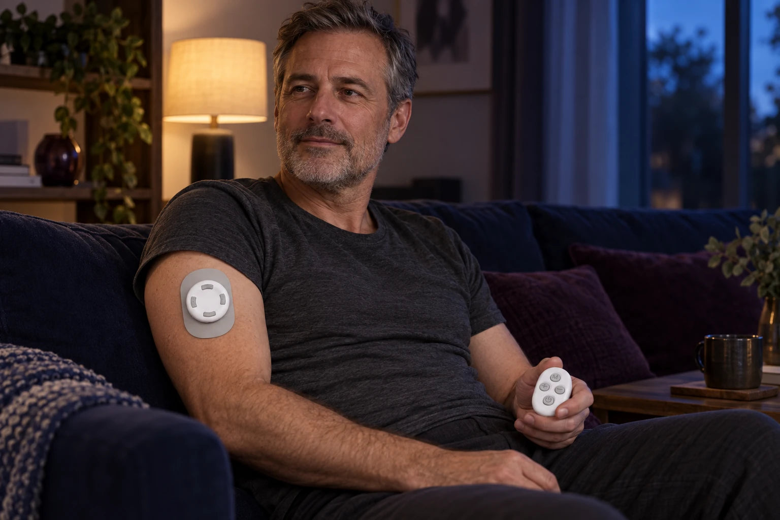 Man in his forties resting with the remote in hand